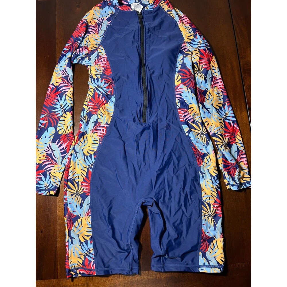 Halcurt Women’s Rash Guard One Piece Swimsuit L Navy Leaves UPF 50+ Built-In Bra - Picture 3 of 14